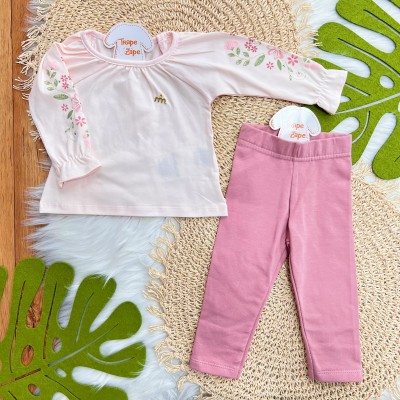 Conj. Batinha com Flores nas Mangas e Calça Legging - Rosa e Rose